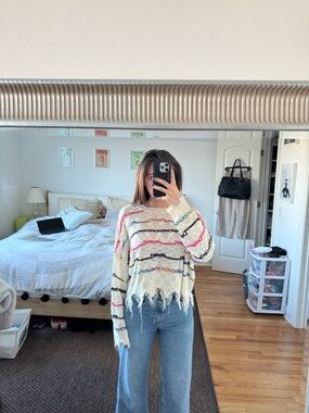 Distressed Fringe Knit Multicolored Sweater